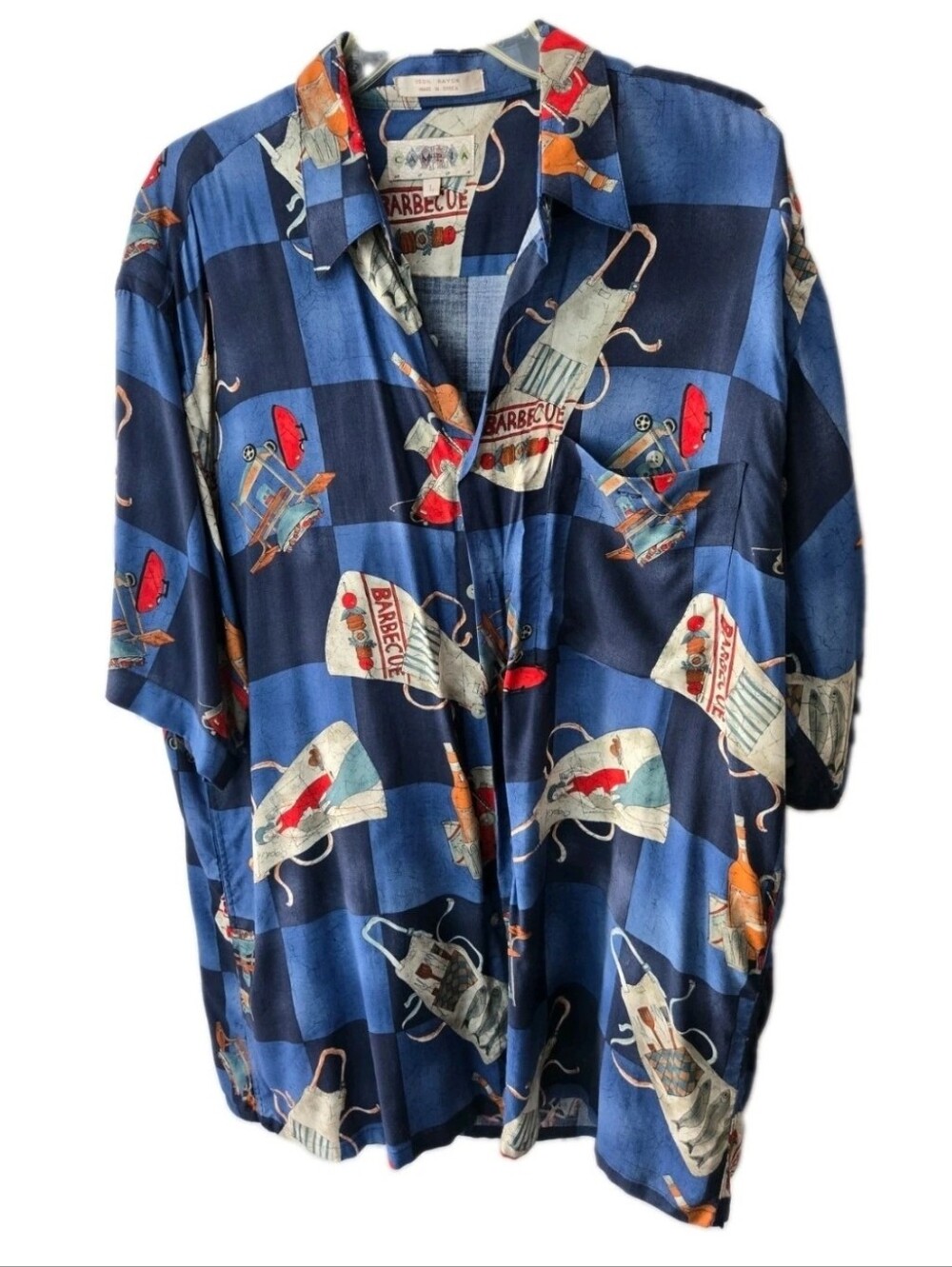 Vintage Campia Moda Barbeque Button Shirt Men's XL Blue Rayon Grilling Hawaiian